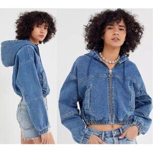 BDG Denim Hooded Cropped Zip Jacket Elastic Hem Small Medium fit Blue